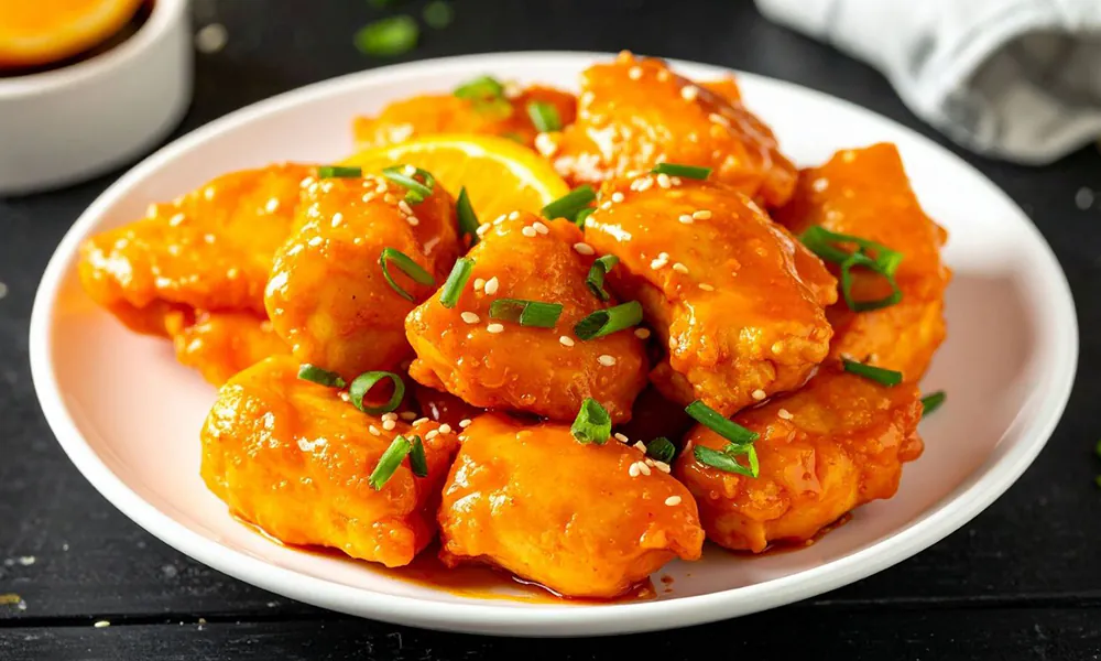 Crispy chicken pieces in a tangy orange sauce, garnished with sesame seeds at Golden Dragon Express, a Chinese Restaurant in San Antonio