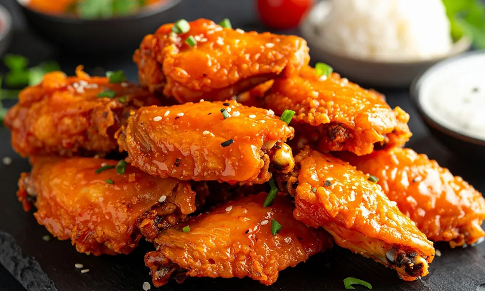 Crispy chicken wings coated in a sticky, spicy glaze at Golden Dragon Express, a Chinese Restaurant in San Antonio